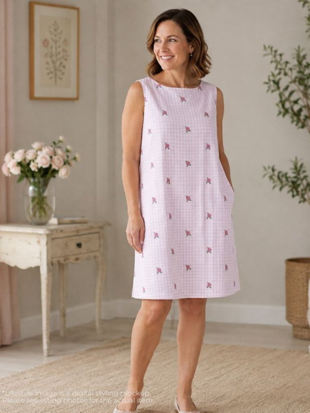 Kim Rogers Petite Large Pink Gingham Rose Embroidered Cotton Shift Dress